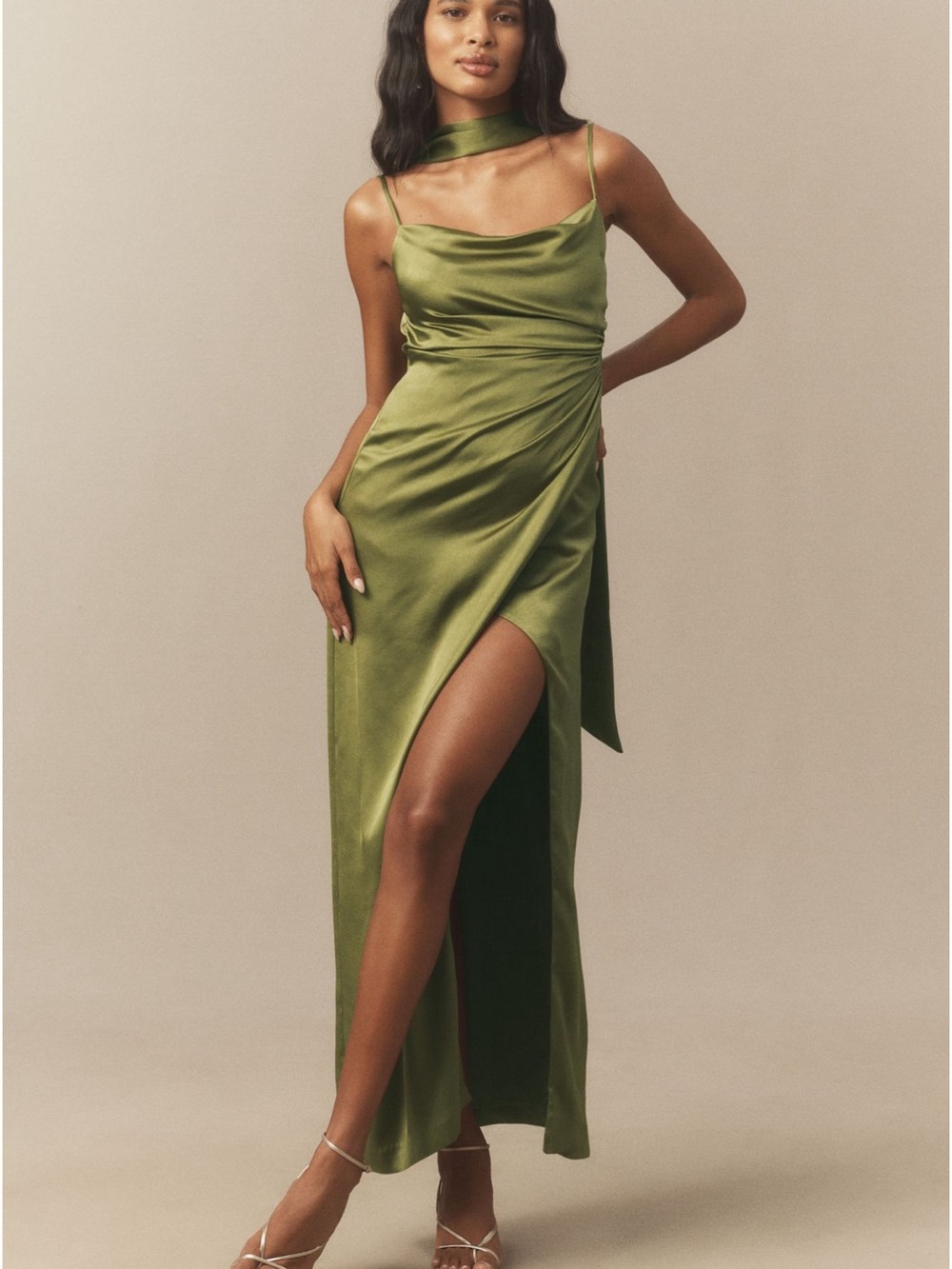 Anthropologie BHLDN Delaney Scoop Neck Scarf Shine Satin Maxi Dress Green S NEW